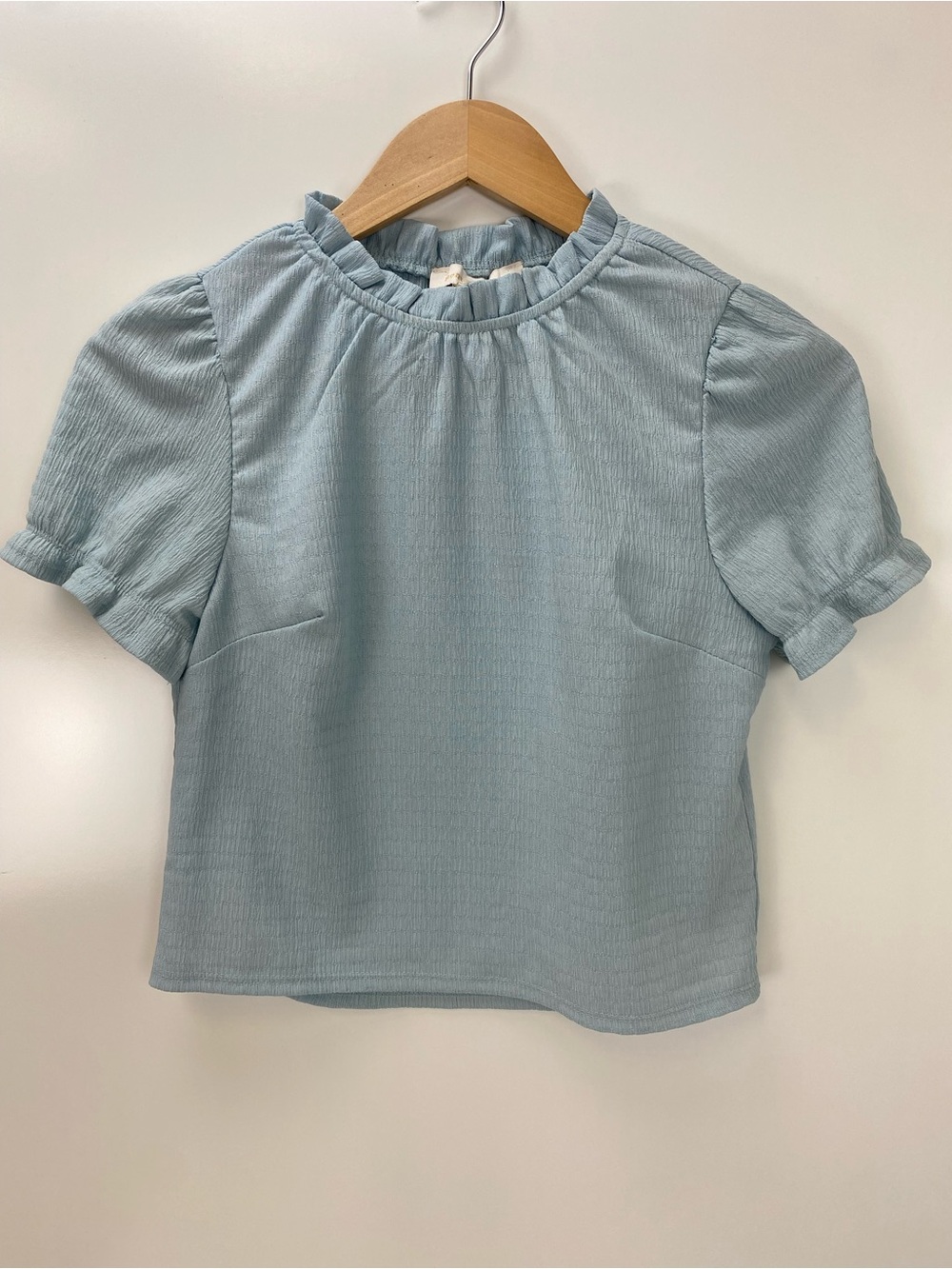 Monteau Light Blue Ruffled Neck Short Sleeve Blouse
